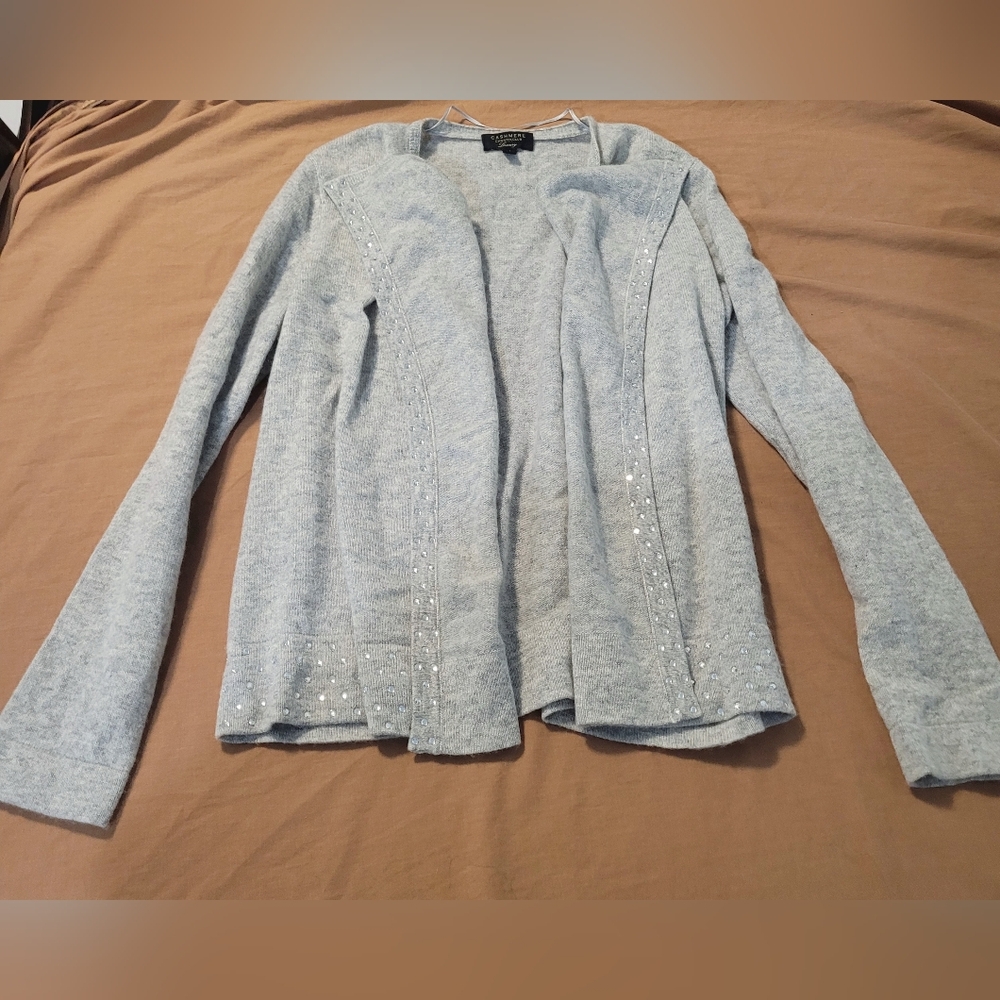 Charter Club 100% Cashmere Gray Sequin Open Front Cardigan Size M